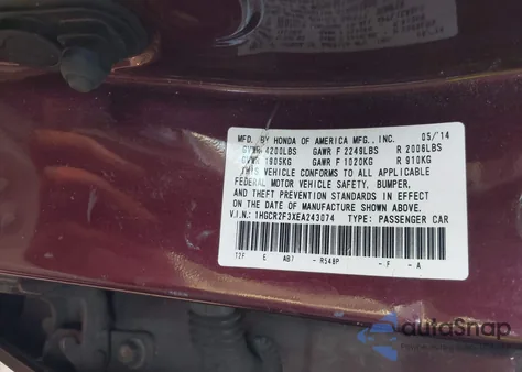 2014 Honda Accord Lx из США, поврежденный, VIN 1HGCR2F3XEA243074